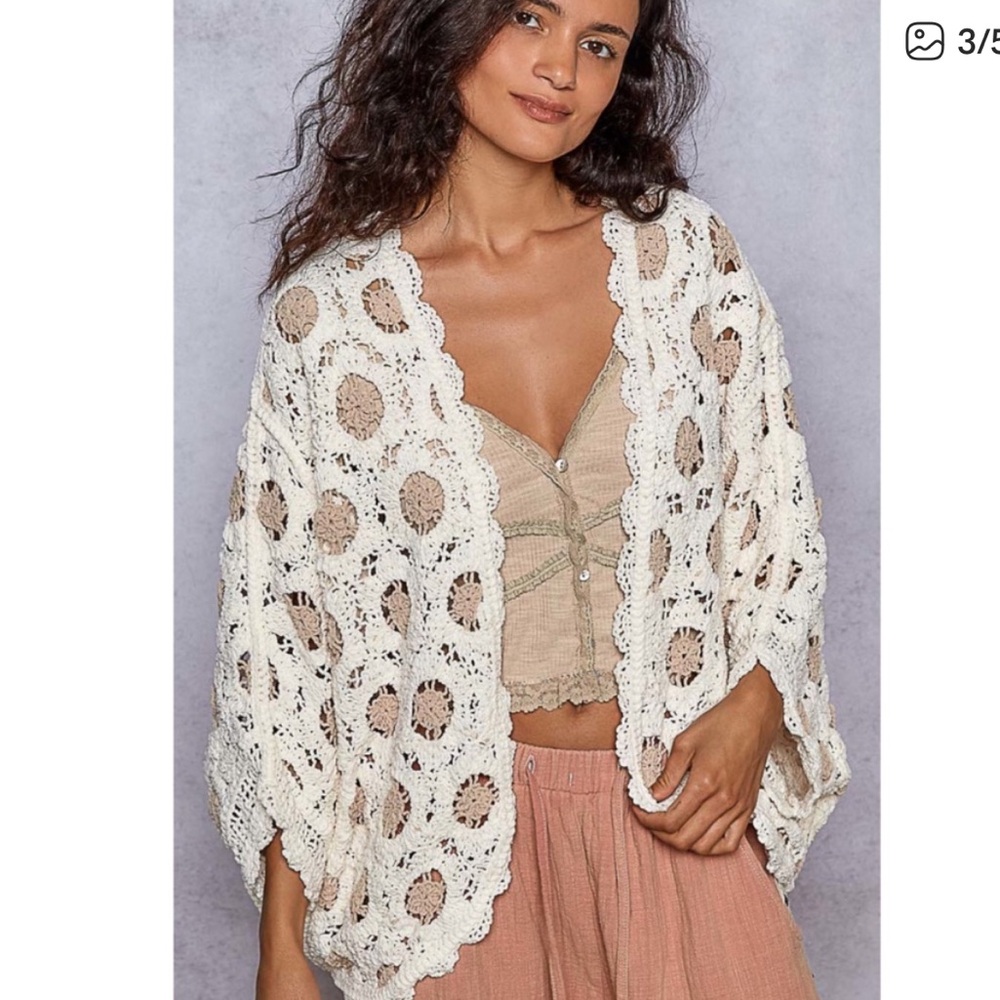 #184 POL New Crochet Lace Cardigan with Pink and Beige Outfit